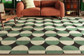 Living room with a patterned green and black carpet, brown sofa, and wooden chair.